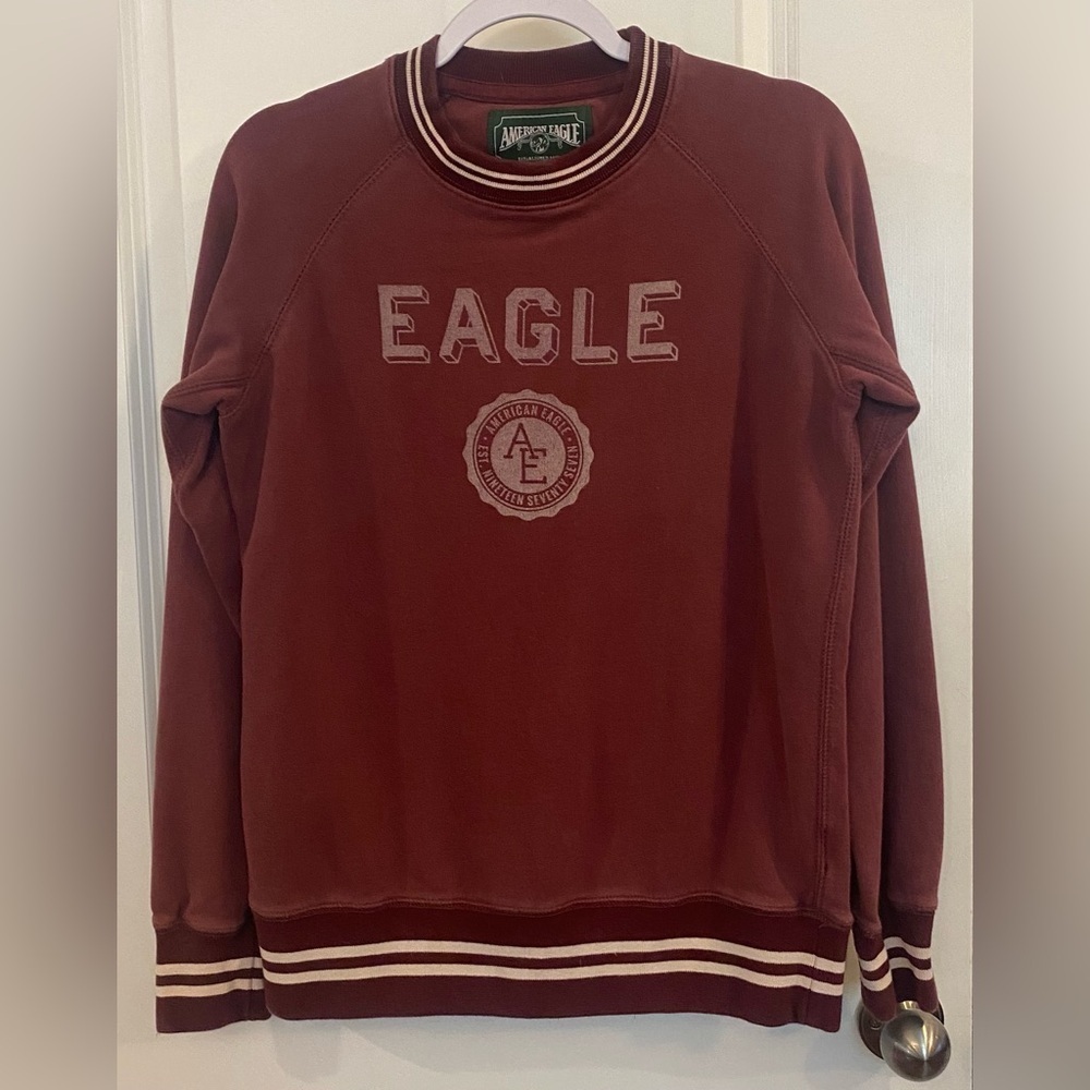 American Eagle Sweatshirt Men’s Sz S Burgundy AE Logo Striped Trim Vintage